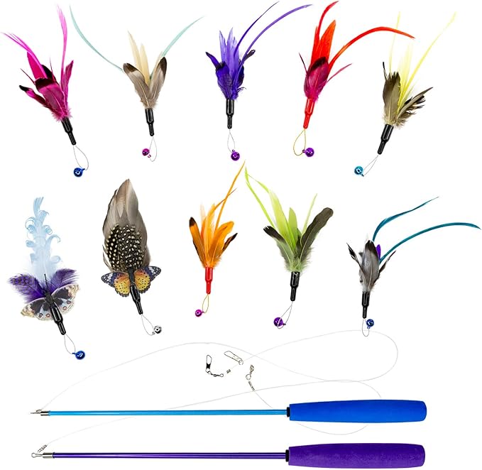 Berfutall-Cat Toys Interactive Cat Feather Wand, Retractable Cat Wand Toy &Natural Feather Teaser Replacements with Bell, Telescopic Cat Fishing Pole Toy for Indoor Kitty Exercise (Green)