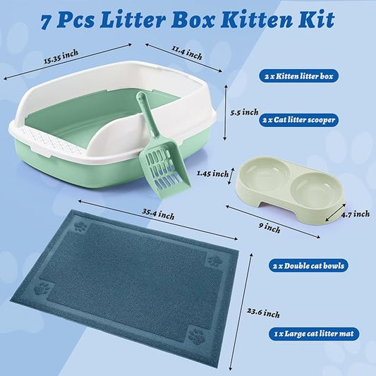 Sliner 7 Pcs Kitten Litter Box Starter Kit, 2 Plastic Small Kitty Litter Box Training Low Entry with Scoop, 2 Double Cat Bowl and Mat for Kitten Indoor(Green)
