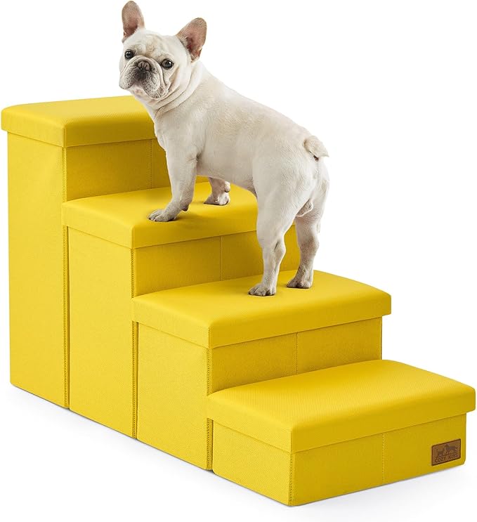 Dog Stairs with Storage, 4-Step Wider Sturdy Dog Steps for Small/Medium/Large Dogs and Older Cats, Folding Doggie Ramp for Bed/Couch/Car Hold Up to 180 lbs (22" H, Yellow)