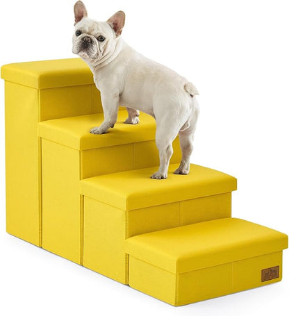 Dog Stairs with Storage, 4-Step Wider Sturdy Dog Steps for Small/Medium/Large Dogs and Older Cats, Folding Doggie Ramp for Bed/Couch/Car Hold Up to 180 lbs (22" H, Yellow)