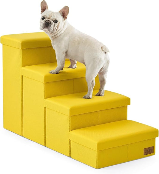 Dog Stairs with Storage, 4-Step Wider Sturdy Dog Steps for Small/Medium/Large Dogs and Older Cats, Folding Doggie Ramp for Bed/Couch/Car Hold Up to 180 lbs (22" H, Yellow)