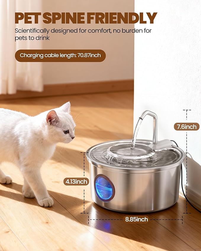 Cat Water Fountain,108oz/3.2L Stainless Steel Cat Fountain and Removable Water Bowl,Pet Fountain with Water Level Window,Quiet Pump,Multi-Filter, Water Tap, Provides Flowing,for Dog Cats