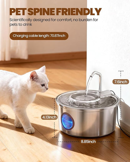 Cat Water Fountain,108oz/3.2L Stainless Steel Cat Fountain and Removable Water Bowl,Pet Fountain with Water Level Window,Quiet Pump,Multi-Filter, Water Tap, Provides Flowing,for Dog Cats