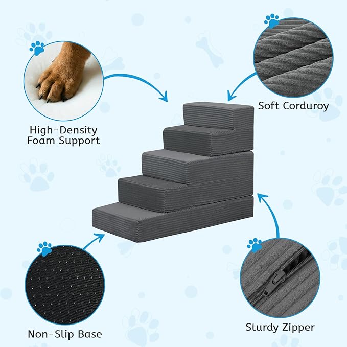 Dog Stairs for Small Dogs, 5 Step Pet Stairs for High Beds and Couch, Dog Steps for Bed Balanced 22.4" H, Foldable Pet Ramp for Large Cats Climb, Non-Slip Bottom Doggy Step, Dark Grey