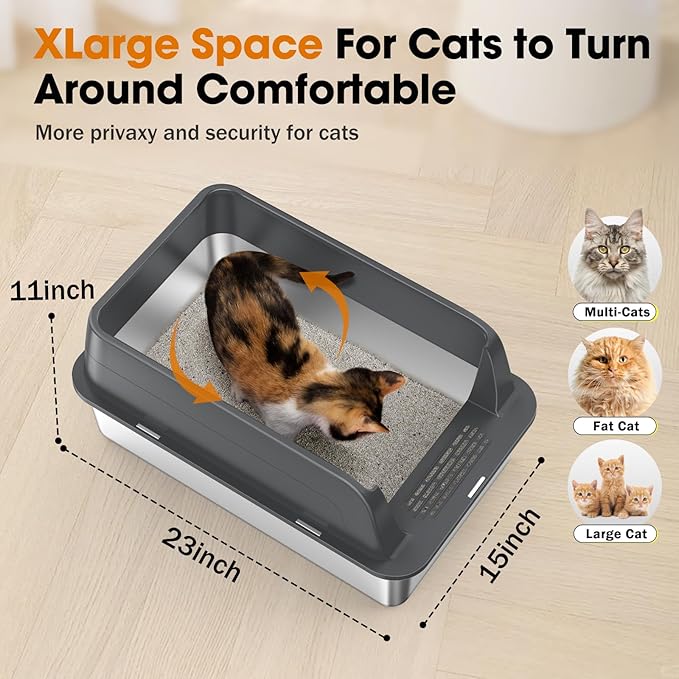 2PACK Stainless Steel Litter Box, Extra Large Litter Boxes for Big Cats, XL Metal Cat Litter Box with Lid High Sides, Anti-Urine Leakage, Non-Sticky, Scoop Included (Multi-Colored, XL)