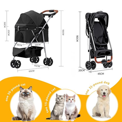 Pet Stroller for Small/Medium Dogs and Cats, Foldable 3 Wheel Jogger with One-Click Fold, Breathable Mesh, Storage Basket, Cup Holder, Weather Cover, Black (Black)