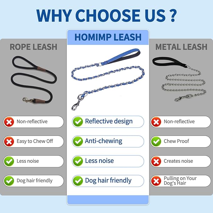 HOMIMP Heavy Duty Chew Proof Leash 4 FT, Reflective for Medium Large Dogs, Metal Training With Soft Padded Handle, Strong Rope for Night Walking, Blue