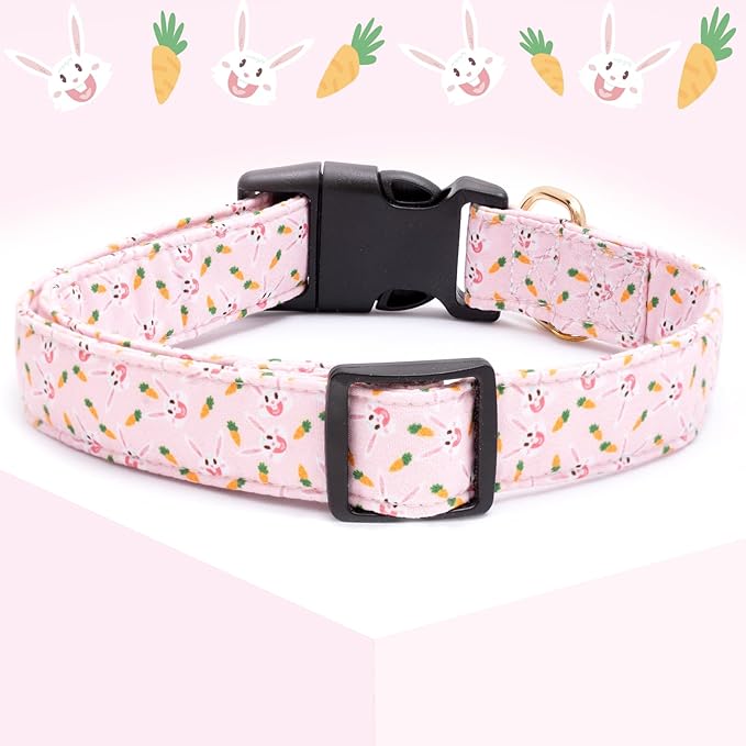 Faygarsle Cute Easter Collar for Small Medium Large Dogs Girl Boy Female Male Dog Pink Cotton with Adorable Rabbit Print Easter Puppy Collar with Easter Egg Charm XS