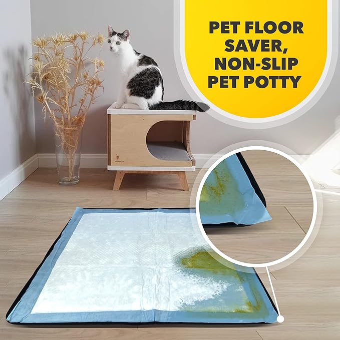Skywin TidyFriend Dog Pee Pad Holder Tray - Fits Up to 24” x 24” Pee Pad Holder for Dogs - Stable Grip, Raised Edges, Quick-Wipe Silicone Surface Dog Pad Holder for Indoor Flooring Protection (Black)