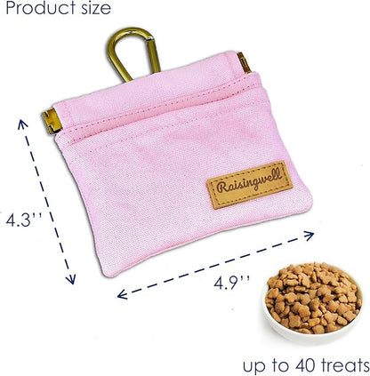 Raisingwell Pocket Sized Pet Training Pouch, Cotton Fabric, Hand Free Dog Walking Bag with Carabiner Self-Closing Pet Feed Snack Reward for Puppy Travel or Outdoor Use (PINK)