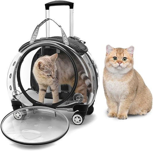Pet Carrier with Wheels for Cats and Dogs, Clear Hard-Shell Rolling Pet Carrier with Retractable Handle, Airline-Approved Travel Carrier, Portable Cat and Dog Stroller (Black)