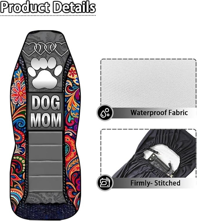 Dog Mom Paw Car Seat Covers for Truck Sedan SUV 2 Pack Waterproof Automotive Seat Covers Boho Flowers Removable Auto Accessories Interior Decor