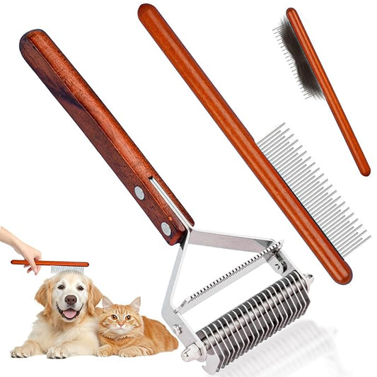 Pet Brush for Dematting & Deshedding, Professional Cat Grooming Brush, Dog Grooming Brushes with Wood Handle, Shedding Comb for Indoor Cats & Long Haired Cat Dog Pet