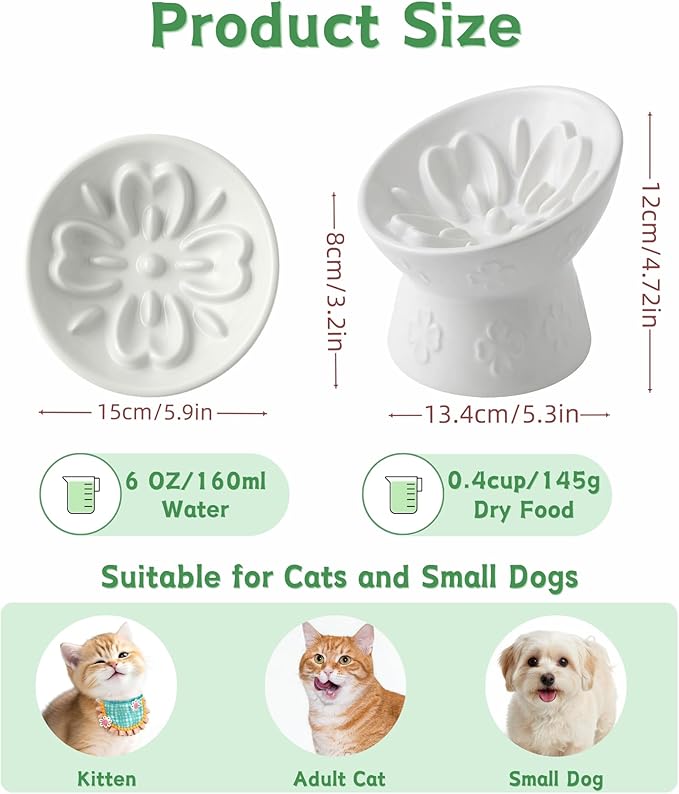 TRUVIC Ceramic Slow Feeder Cat Bowl, 15° Tilted Elevated Cat Slow Eating Bowl for Neck Protection, Anti Vomiting Dog Slow Feeder, Whisker Friendly & No Black Chin for Cats and Small Dogs, White