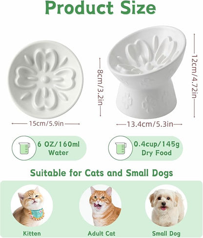 TRUVIC Ceramic Slow Feeder Cat Bowl, 15° Tilted Elevated Cat Slow Eating Bowl for Neck Protection, Anti Vomiting Dog Slow Feeder, Whisker Friendly & No Black Chin for Cats and Small Dogs, White