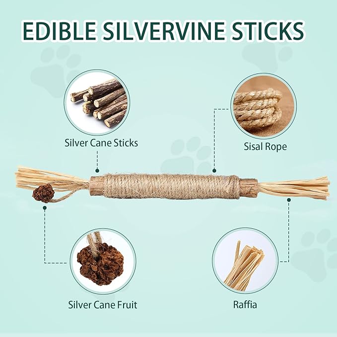 4pcs Kitten Chew Toys Teething, 2 Types Catnip Chew Toys for Cats Natural Silvervine Blend Sticks for Dental Care Treat with Raffia Feather Cat Teeth Cleaning Toy Indoor