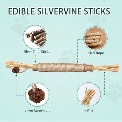 4pcs Kitten Chew Toys Teething, 2 Types Catnip Chew Toys for Cats Natural Silvervine Blend Sticks for Dental Care Treat with Raffia Feather Cat Teeth Cleaning Toy Indoor