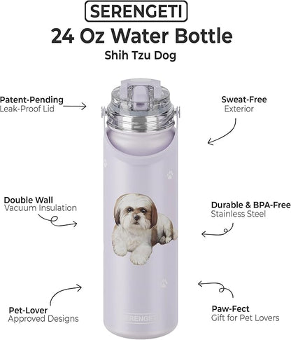 SERENGETI 24 Oz Water Bottle Stainless Steel with Spill Proof Lid - Double walled Vacuum Insulated water flask - Realistic 3D Print of your favorite dog (Shih Tzu)