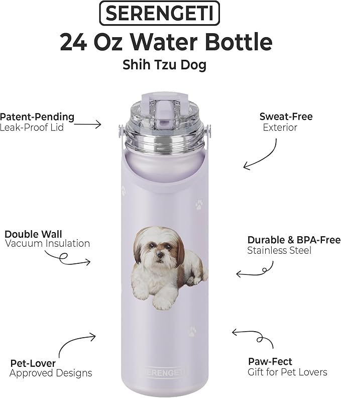 SERENGETI 24 Oz Water Bottle Stainless Steel with Spill Proof Lid - Double walled Vacuum Insulated water flask - Realistic 3D Print of your favorite dog (Shih Tzu)