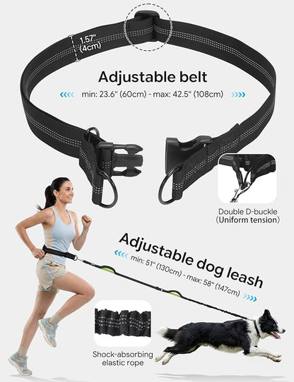 Hands Free Dog Leash, Running Waist Belt with Pouch Removable & Multifunctional| Shock Absorbing Bungee| Thickened Lumbar pad & Comfortable Dual Handles|Dog Walking, Training for 11-33lbs Puppy