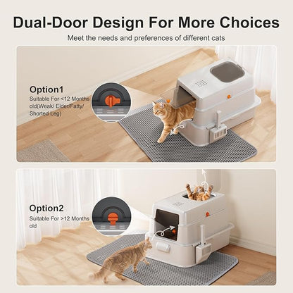 FURTIME Stainless Steel Litter Box with Lid, XL Extra Large Cat Litter Box for Big Cats, Enclosed Drawer Metal Litter Boxs with High Sided, Include Scoop & Mat, Front & Top Entry, Odor Free, Non-Stick