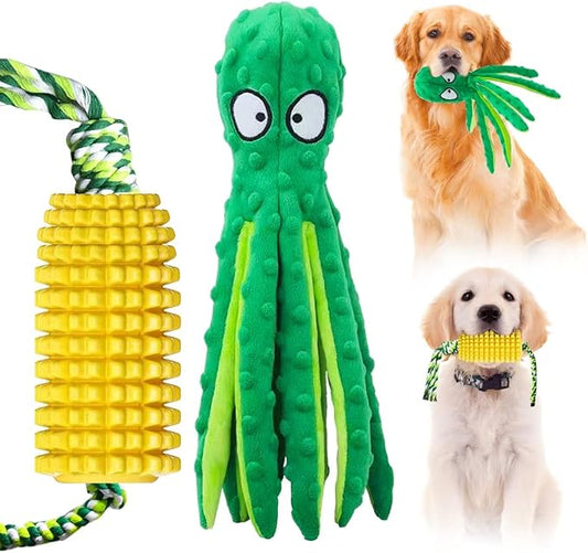 Interactive Dog Toy Bundle - Durable Corn Rubber Chew Toy & Squeaky Octopus Plush Toy, Ideal for Medium & Large Breeds, Teething, and Boredom Relief (2 Pack Corn +Octopus)