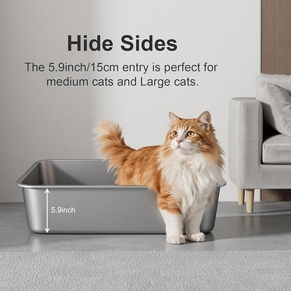 X-Large Stainless Steel Litter Box with High Sided, Metal Cat Litter Box, Odor-Free Non-Stick Litterbox Pan, Easy to Clean Pet Supplies Toilet Tray for Indoor Cats, Kittens or Multicat Homes