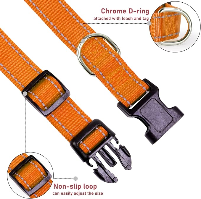 Reflective Dog Collar with Buckle Adjustable Safety Nylon Collars for Small Medium Large Dogs, Orange XS