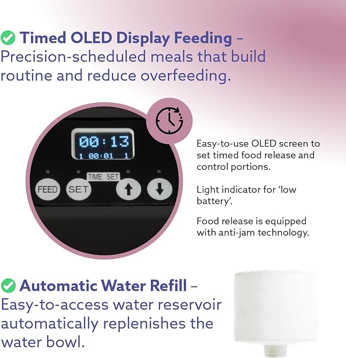 Feeding Friend® Automatic Dog & Cat Food Feeder with Water Dispenser – Smart Pet Feeder with Portion Control, OLED Display, Anti Jam Design, Battery Operated Dispenser for Medium Pets 15-30 - Black