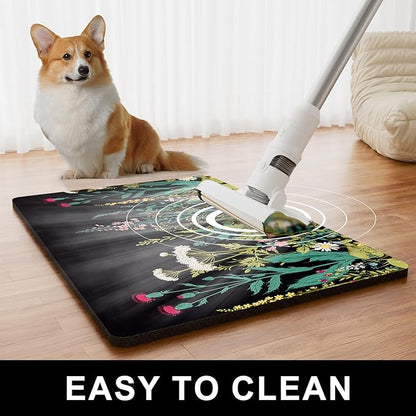 Dog Food Mat, 12" x 19" Absorbent Dog Cat Bowl Mat for Food and Water, Cute Anti-Slip Rubber Pet Feeding Rug Protect Floors, Placemat for Feeding & Watering Supplies, Midnight Flower