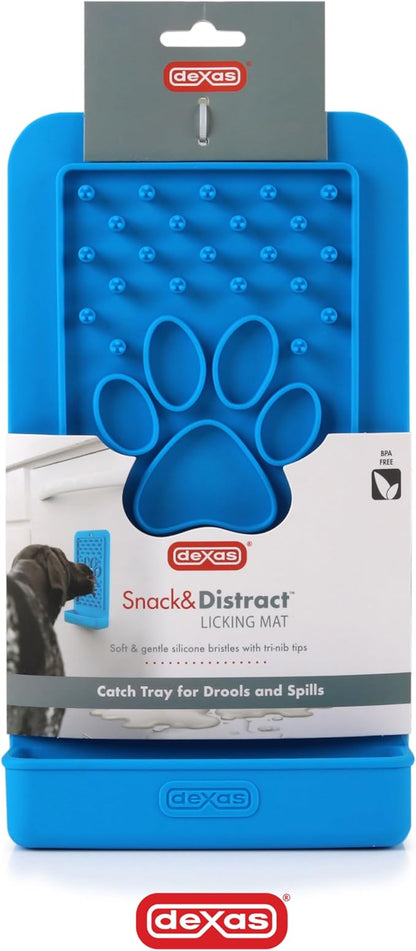 Dexas Snack & Distract Licking Mat with Catch Tray for Dogs and Cats-5"x 9", Pro Blue. Sticks to Most Slick or Smooth Surfaces. Eases Anxiety, Prevents Boredom, Entertains and Distracts.