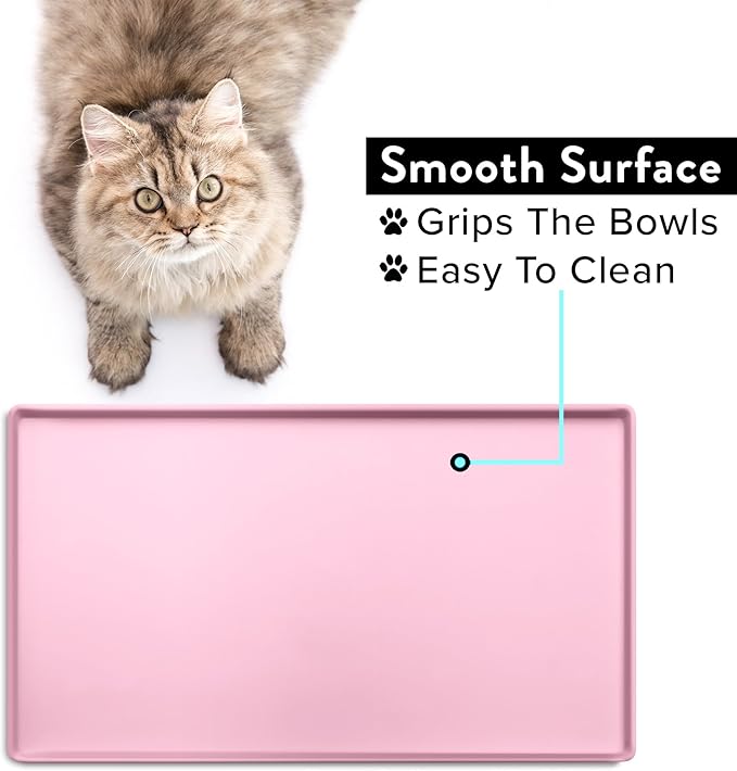 CatGuru Cat Food Mat, Small & Large Pet Feedingd Mat, 100% Waterproof Cat Mats for Food and Water, Silicone Mats for Pet Bowls, Non-Slip Placemat for Water Bowl or Fountain (Small, Pink)