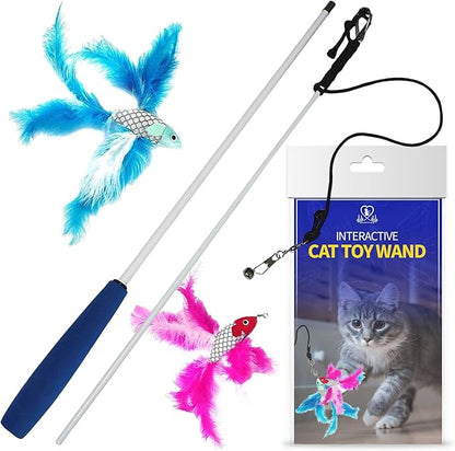 Pet Fit For Life Cat Feather Wand Toys – Interactive Cat Wand Toy for Indoor Pets | 2 Feathery Fish Attachments | Promotes Animal Health & Fitness, Made w/Soft & Durable Materials | Gift