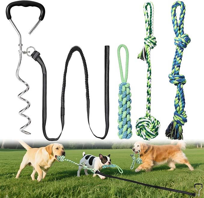 EIODEAR Bungee Tug of War Dog Toy with Upgraded Steel Stake, Cotton Ball, Teething Rope and Soft Rope, Tether Tug Outdoor Dog Toy for Lawns and Trees, Interactive Dog Toys for Medium, Large Dog, Blue