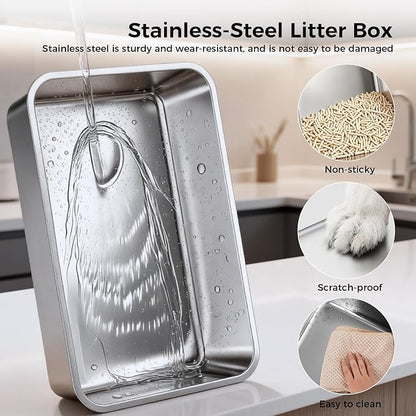 GTPLAYER Stainless Steel Cat Litter Box XL - Extra Large High-Sided Open-Top Metal Litter Box for Large & Multi-Cat Homes, Splash Guard, Low Entry, Easy Clean 304 Steel with Step, Mat & Scoop, Grey