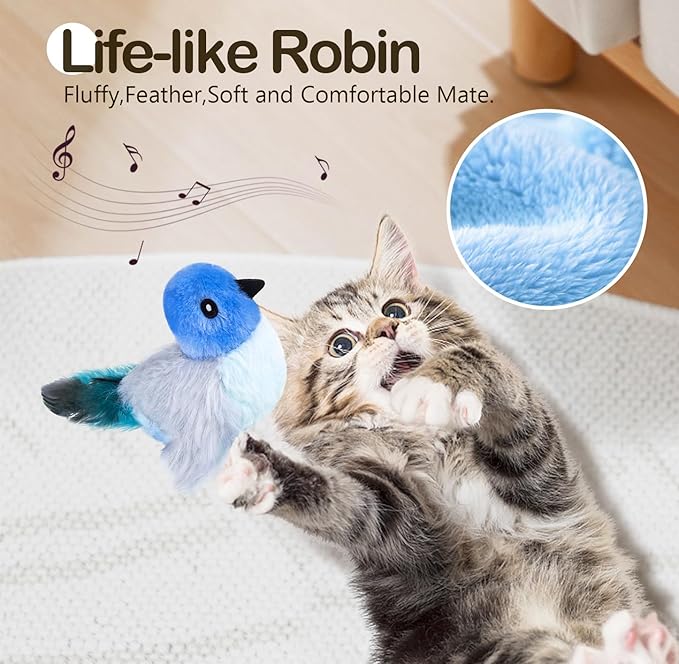 Migipaws Interactive Flapping Bird Cat Toys with Rod, clamp, Elastic String and Catnip, Automatic Chirping Toys for Indoor Cats to Chase, Hanging Feathers for Kitten to Self Play,Rechargeable(Blue)