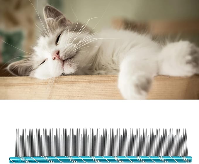 Zerodis Pet Hair Removal Comb, Reusable Stainless Steel, Blue, Cat Grooming, Thick Hair, 16 x 3.3cm/6.3 x 1.3in