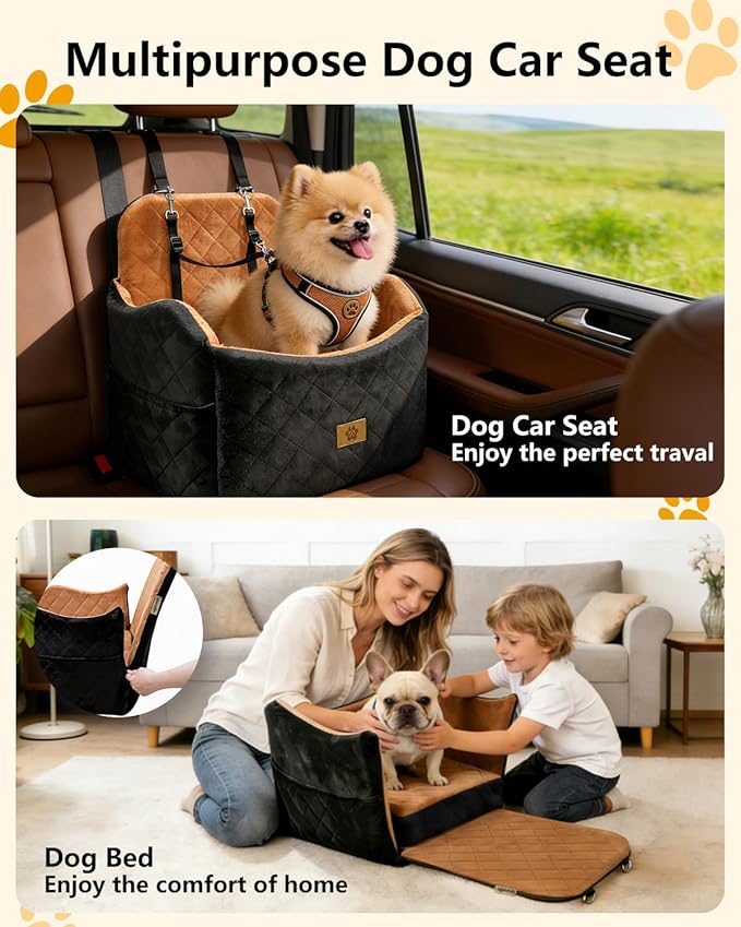 Dog Car Seat for Small/Medium Dogs Up to 35lbs, 2-in-1 Pet Car Seat with Memory Foam, Detachable Washable Dog Bed for Cars, Pet Booster Carseat with Storage Pockets Fits Front/Back Seats (Black/Brown)