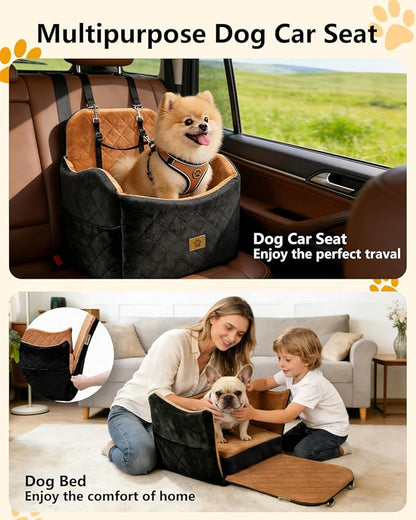 Dog Car Seat for Small/Medium Dogs Up to 35lbs, 2-in-1 Pet Car Seat with Memory Foam, Detachable Washable Dog Bed for Cars, Pet Booster Carseat with Storage Pockets Fits Front/Back Seats (Black/Brown)