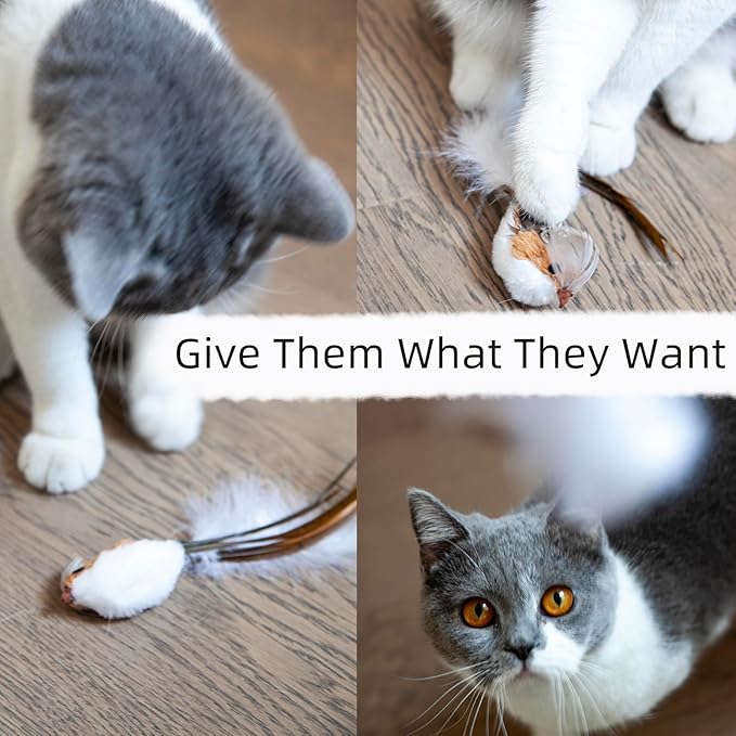 Flying Cat Bird Toy Pack for Cat Wands, Teaser, Suction Cup or Door Hanging Toy, Natural Feather Refills with Bells for Indoor Cats Bird Hunting Selfplay-4 PCS