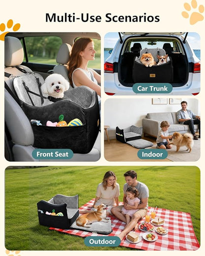 Dog Car Seat for Small/Medium Dogs Up to 35lbs, 2-in-1 Pet Car Seat with Memory Foam, Detachable Washable Dog Bed for Cars, Pet Booster Carseat with Storage Pockets Fits Front/Back Seats (Black/Grey)