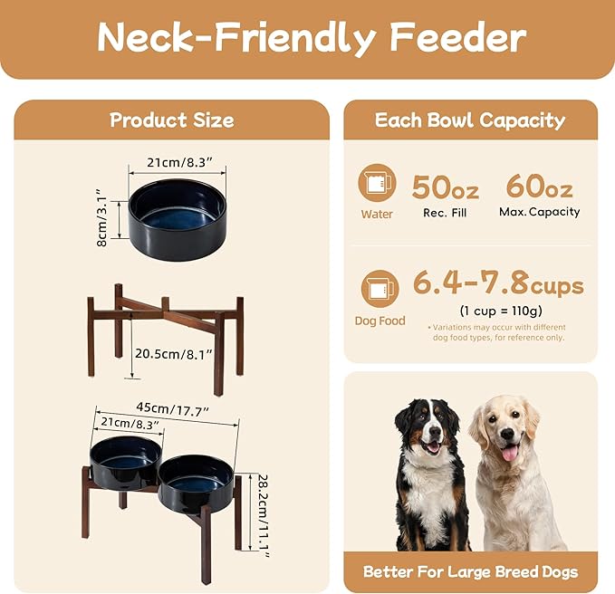 Ceramic 8.2inch Raised Double Dog Bowls Set with Acacia Wood Stand, Food & Water Bowls for Large Breed Dogs, Weighted Pet Dishes(60oz, Starry Sky)