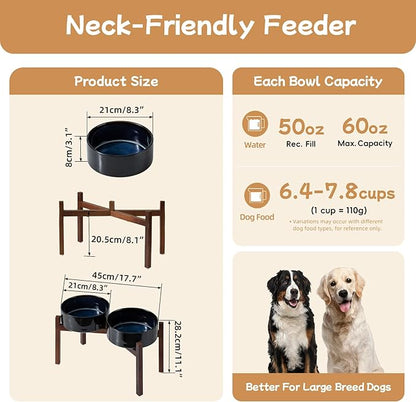 Ceramic 8.2inch Raised Double Dog Bowls Set with Acacia Wood Stand, Food & Water Bowls for Large Breed Dogs, Weighted Pet Dishes(60oz, Starry Sky)