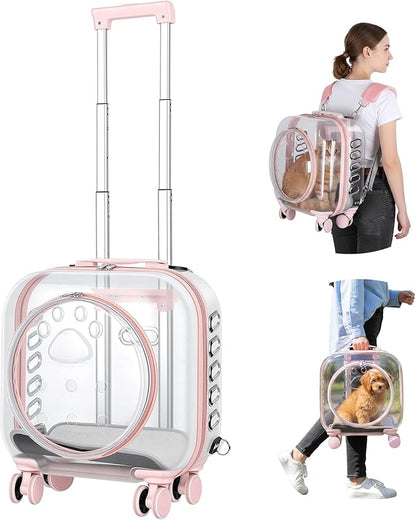 Pet Carrier with Wheels for Cats and Dogs, Clear Hard-Shell Rolling Pet Carrier with Retractable Handle, Airline-Approved Travel Carrier, Portable Cat and Dog Stroller (Pink)