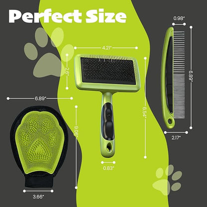 Cat & Dog Brush Set, Pet Grooming Kit with Metal Comb, Slicker Brush, Hair removal Glove for Detangling and Dematting Long, Matted Fur, Green