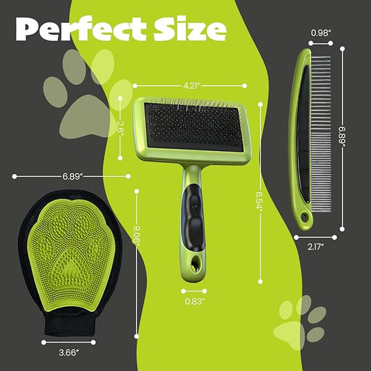 Cat & Dog Brush Set, Pet Grooming Kit with Metal Comb, Slicker Brush, Hair removal Glove for Detangling and Dematting Long, Matted Fur, Green