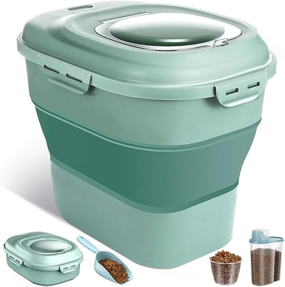 ANVS Dog Food Storage Container-Up to 30Lbs Collapsible Dog Food Container with Airtight Lids, Scoop and 2.5L Small Pet Food Storage Container Dry Food For Dog, Cat and Other Pet Food (Green)