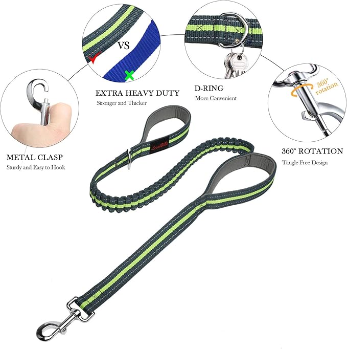 Dog Collars and Leads Heavy Duty Training Leash with Double Padded Handles Reflective 4 FT Long Perfect for Small Medium Large Dogs Walking Hiking Green LEONEBEBE