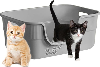 Low Entry Kitty Litter Box for Small Cats, Kittens Litter Boxes with High Sides, Open Top, Anti-Splash Plastic Litter Pan for Medium Pets, Easy to Clean, 16.5" L*11.8" W*7" H (Grey)