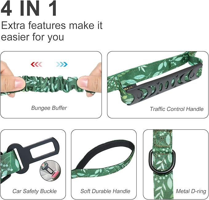 Hotsky Tactical Dog Leash Heavy Duty for Medium Large Dogs that Pull,4-6Ft Strong Bungee Shock Absorbing No Pull Dog Leash with Padded Double Handle and Car Seatbelt,Leaves